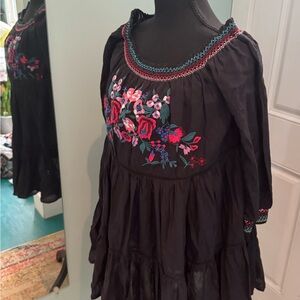 Free People Black Mini Dress or Tunic with Floral Embroidery L